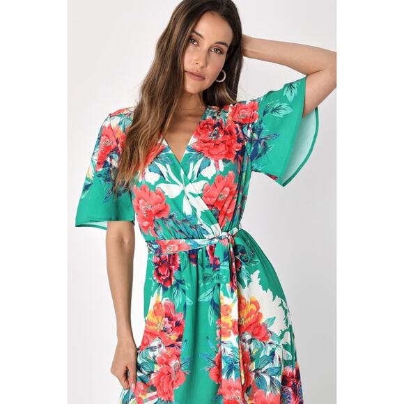 Lulus Still In Paradise Green Floral Print Wrap Maxi Dress - Picture 2 of 11